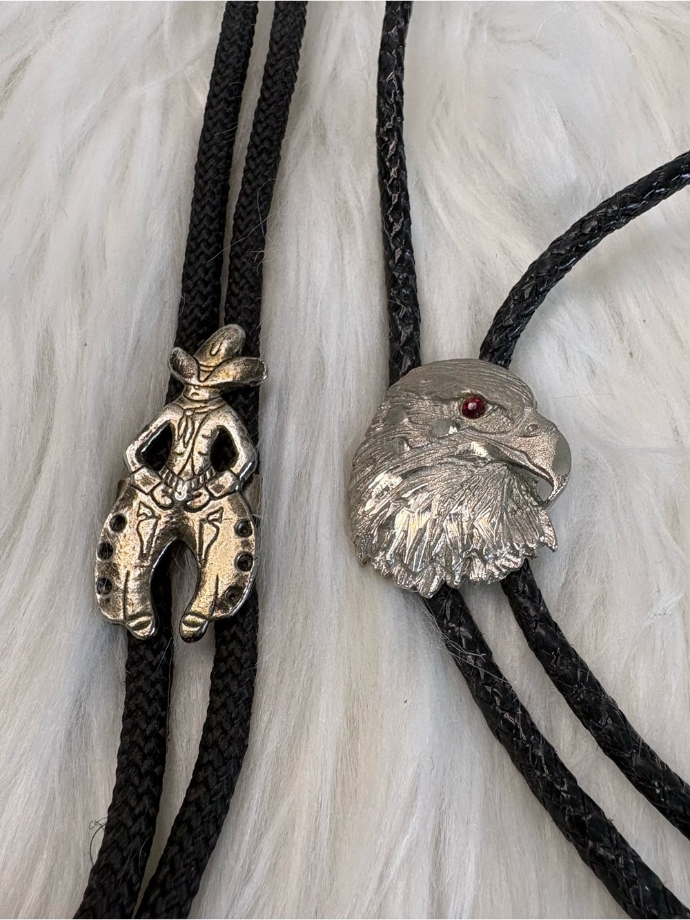 Source Unknown Black Bolo Tie Set with Silver Cowboy and Eagle Accents